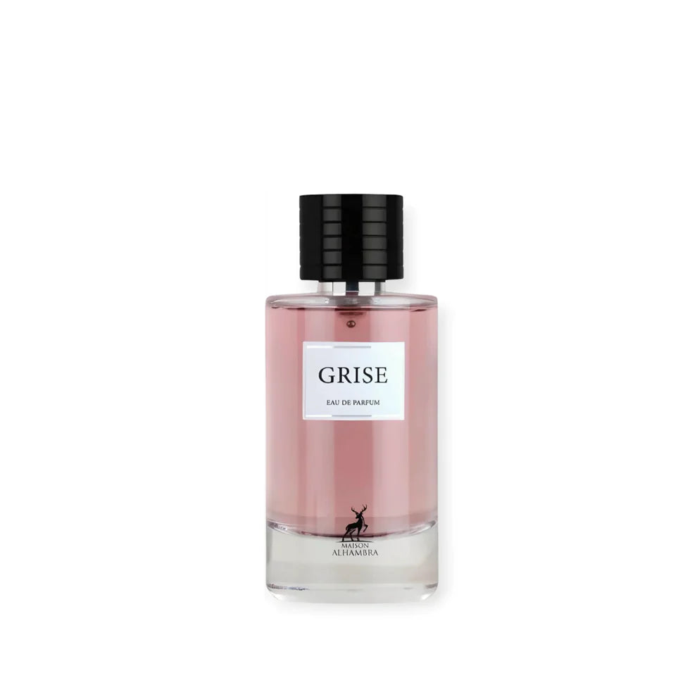 A bottle of Maison Alhambra Perfume Gray Ash Eau de Perfum in pink color with a black cap, labeled 'GRISE', against a white background.