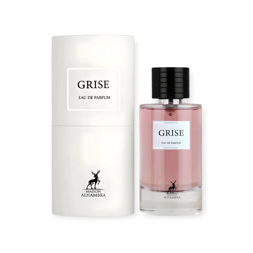 A bottle of Maison Alhambra Perfume Gray Ash Eau de Perfum in pink color with a black cap, labeled 'GRISE', against a white background.