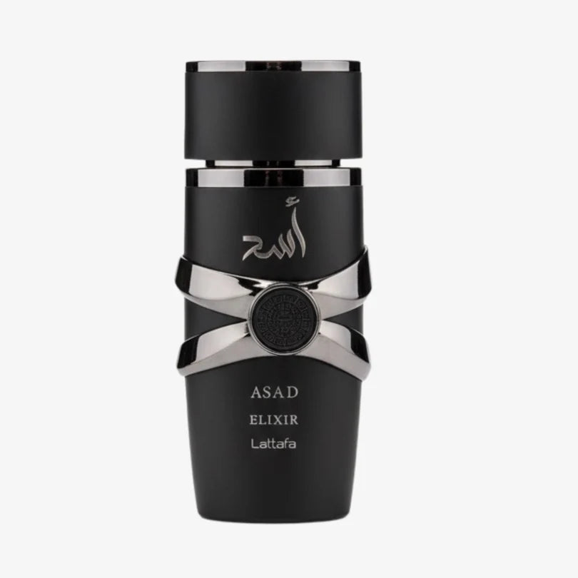 Black and silver perfume bottle labeled 'Asad Elixir' by Lattafa on a white background