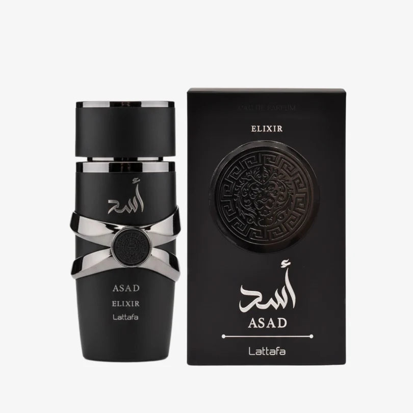 Black perfume bottle and packaging with 'ASAD' branding on a white background