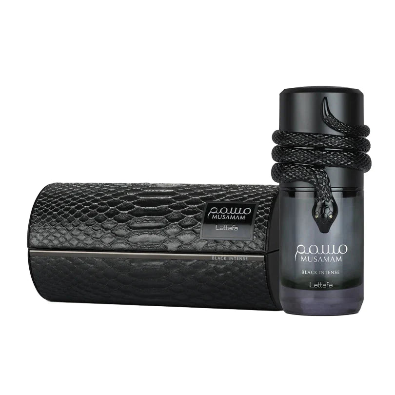 Black textured case and bottle of Lattafa Musamam Black Intense on a white background