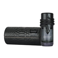 Black textured case and bottle of Lattafa Musamam Black Intense on a white background