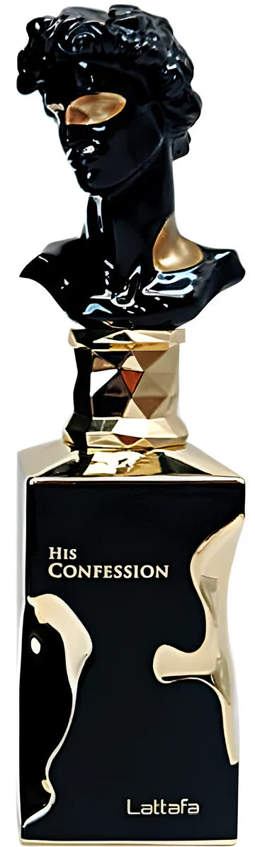 A bottle of Lattafa His Confession Eau de Parfum for men with a black and gold label, featuring an illustration of a bust on the cap.
