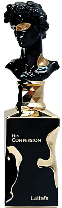A bottle of Lattafa His Confession Eau de Parfum for men with a black and gold label, featuring an illustration of a bust on the cap.