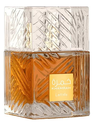 Lattafa Khamrah EDP 100ml – side view of oriental perfume bottle with gold accents | MyPerfumes UK