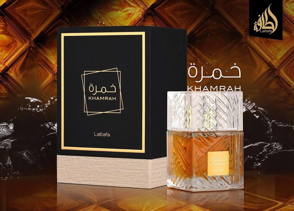 Lattafa Khamrah EDP 100ml – close-up of bottle label and stopper detail | MyPerfumes UK