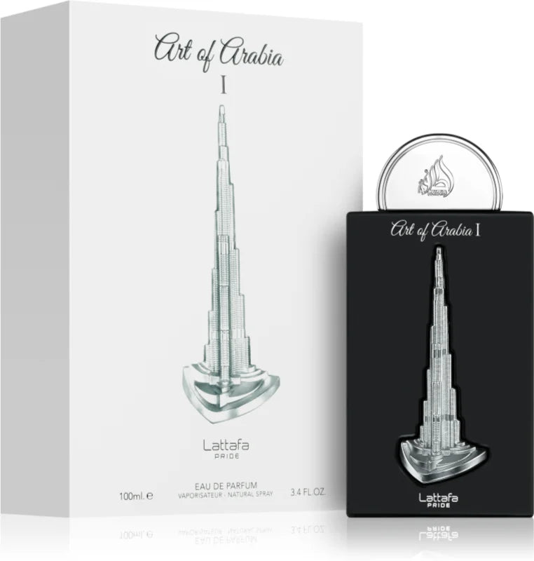 Product image showing the packaging of Lattafa Pride Parfum Art Of Arabia I Eau de Parfum 100ml, with a box and bottle design featuring a skyscraper.