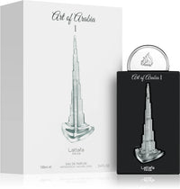 Product image showing the packaging of Lattafa Pride Parfum Art Of Arabia I Eau de Parfum 100ml, with a box and bottle design featuring a skyscraper.
