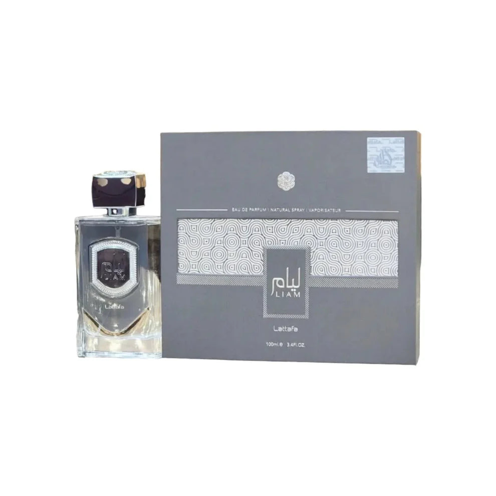 A perfume bottle with a gray label and cap, next to its packaging box with a transparent window displaying the product.