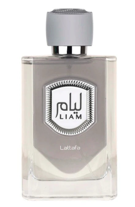 A perfume bottle with a gray label and cap, next to its packaging box with a transparent window displaying the product.