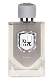 A perfume bottle with a gray label and cap, next to its packaging box with a transparent window displaying the product.