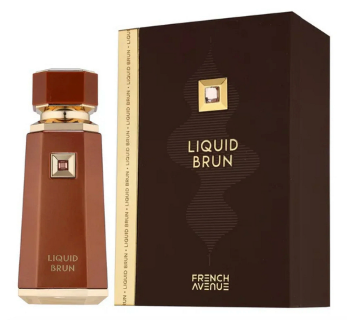 Brown perfume bottle and packaging with 'Liquid Brun' and 'French Avenue' branding on a white background.
