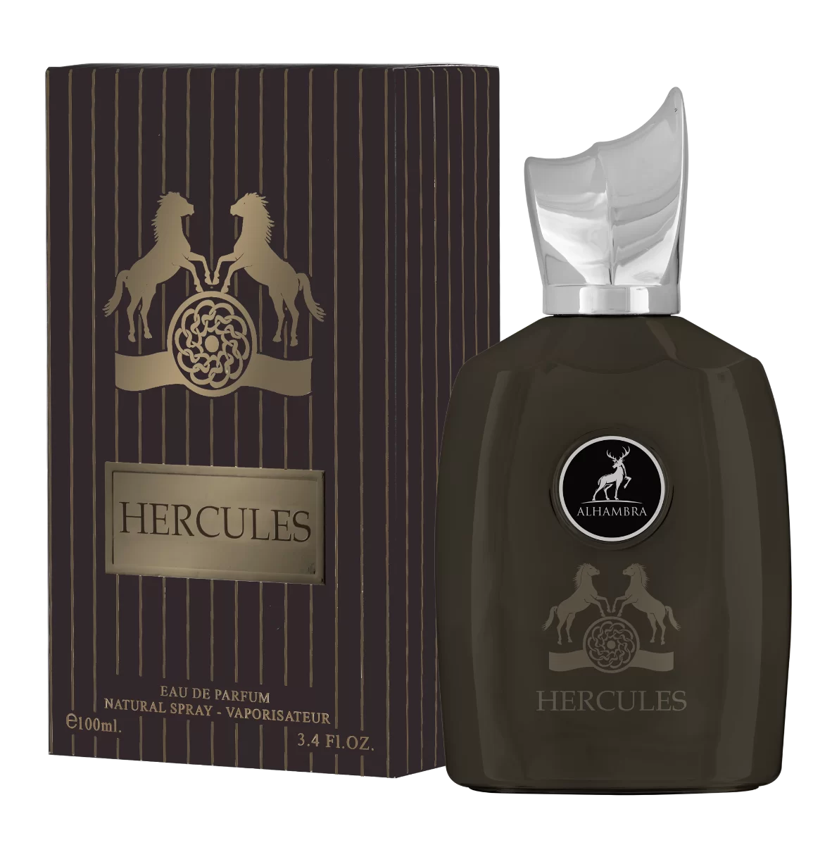 Packaging and bottle of Hercules Eau de Parfum by Maison Alhambra, featuring a brown box with white text and a horse motif, and a clear brown bottle with a white spray nozzle.