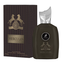 Packaging and bottle of Hercules Eau de Parfum by Maison Alhambra, featuring a brown box with white text and a horse motif, and a clear brown bottle with a white spray nozzle.